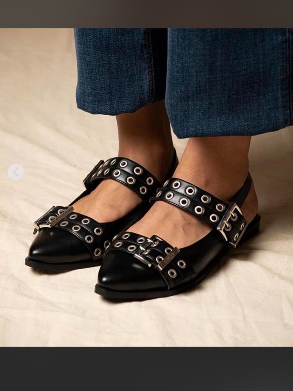 Black Studded Buckle Pointed Slingback Flats